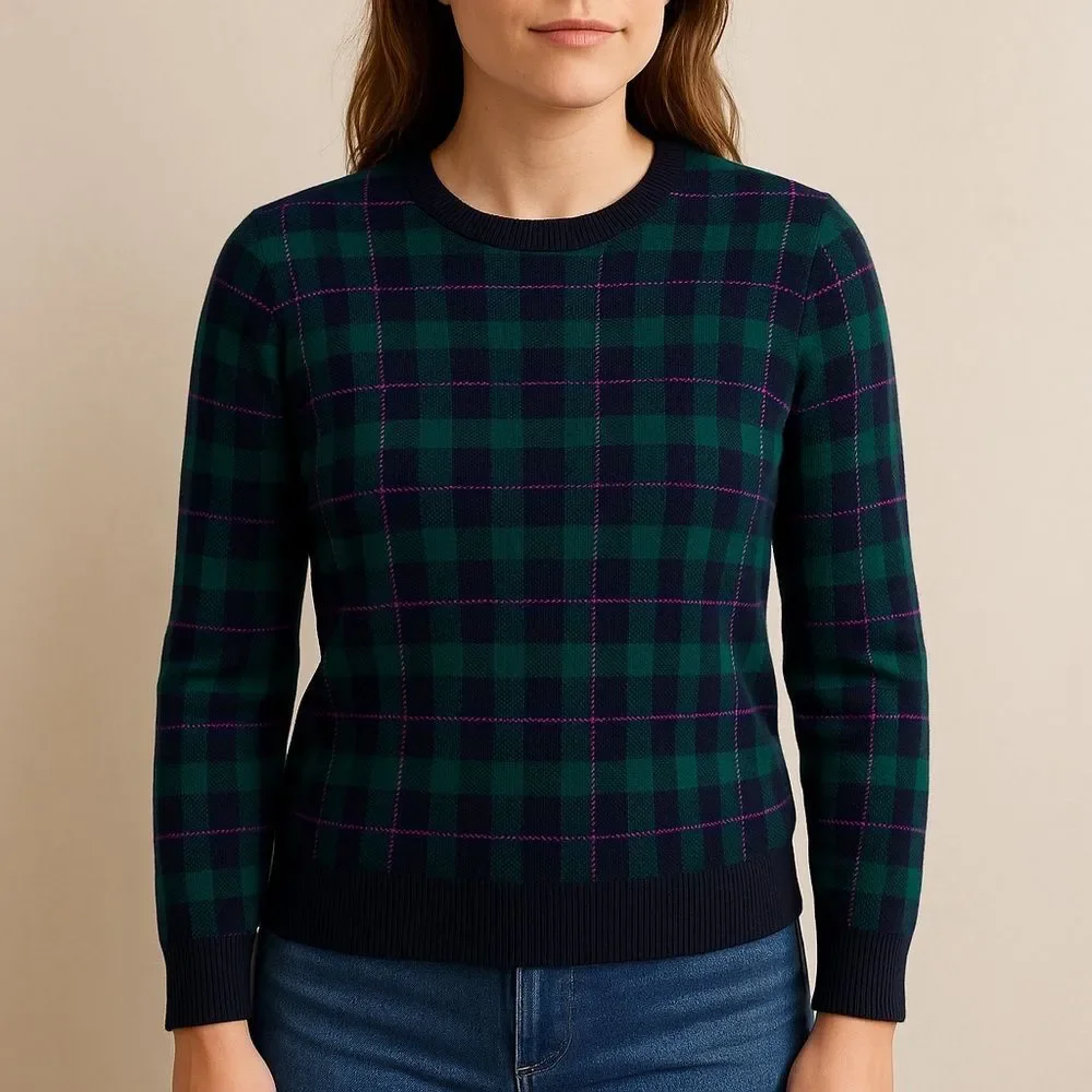 J. Crew Tartan Teddie Sweater Size Small Academic Green Plum Plaid Cotton Jumper
